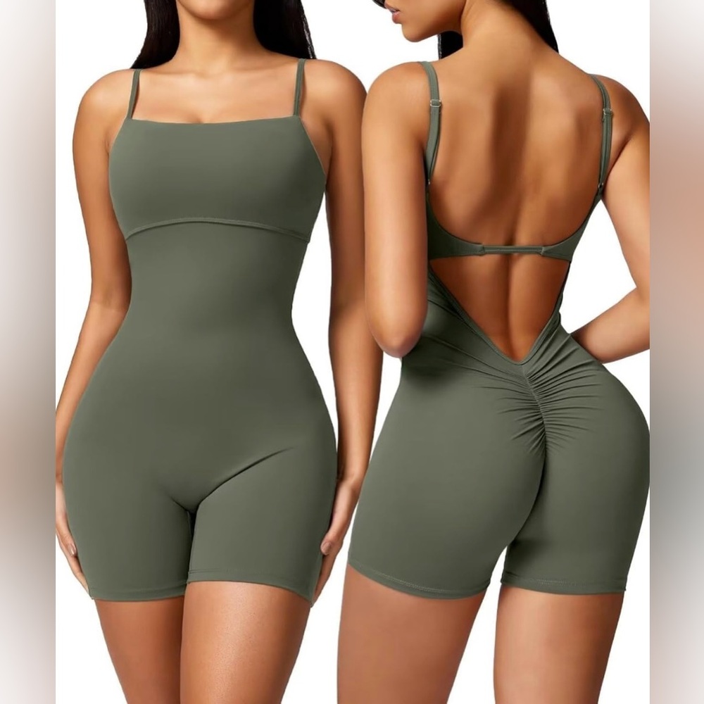 Green Romper Backless Ruched Stretch Shorts Jumpsuit - Size S